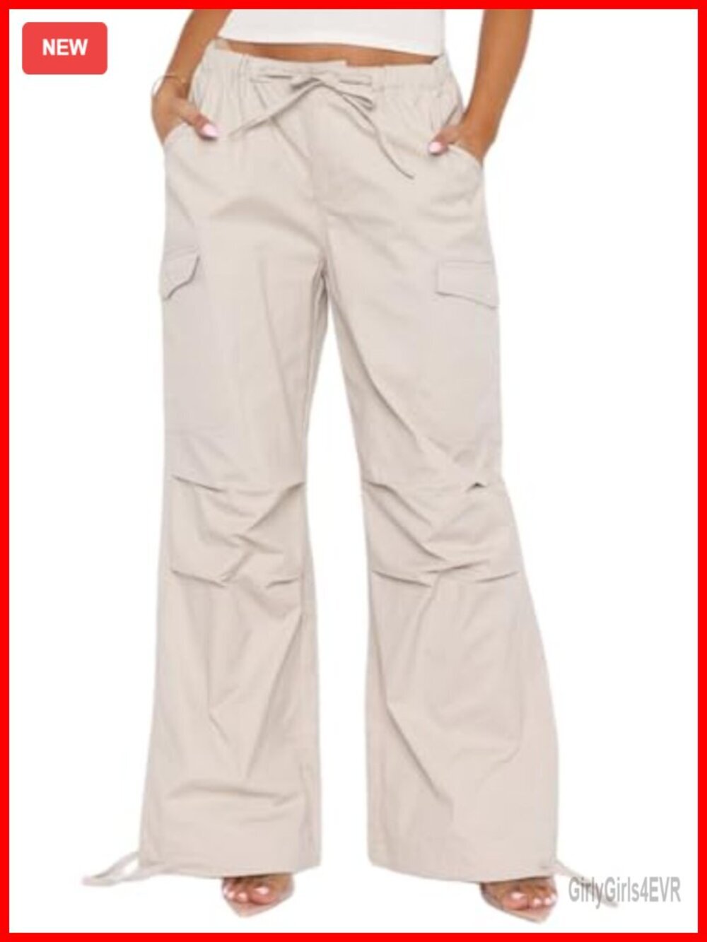 Wide Leg Cargo Pants with Multi Pockets, Elastic Waist, Drawstring